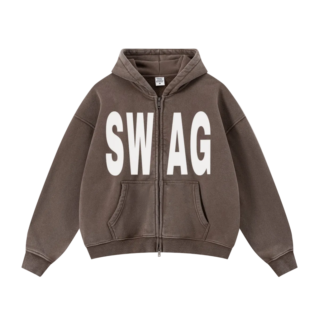 400GSM Unisex Vintage-Wash Boxy-Fit Zip-Up Hoodie Vintage Dark Brown