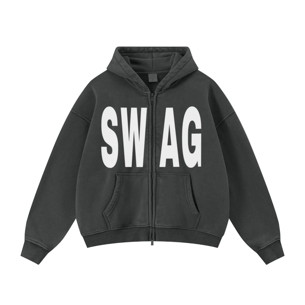 400GSM Unisex Vintage-Wash Boxy-Fit Zip-Up Hoodie Vintage Dark Grey