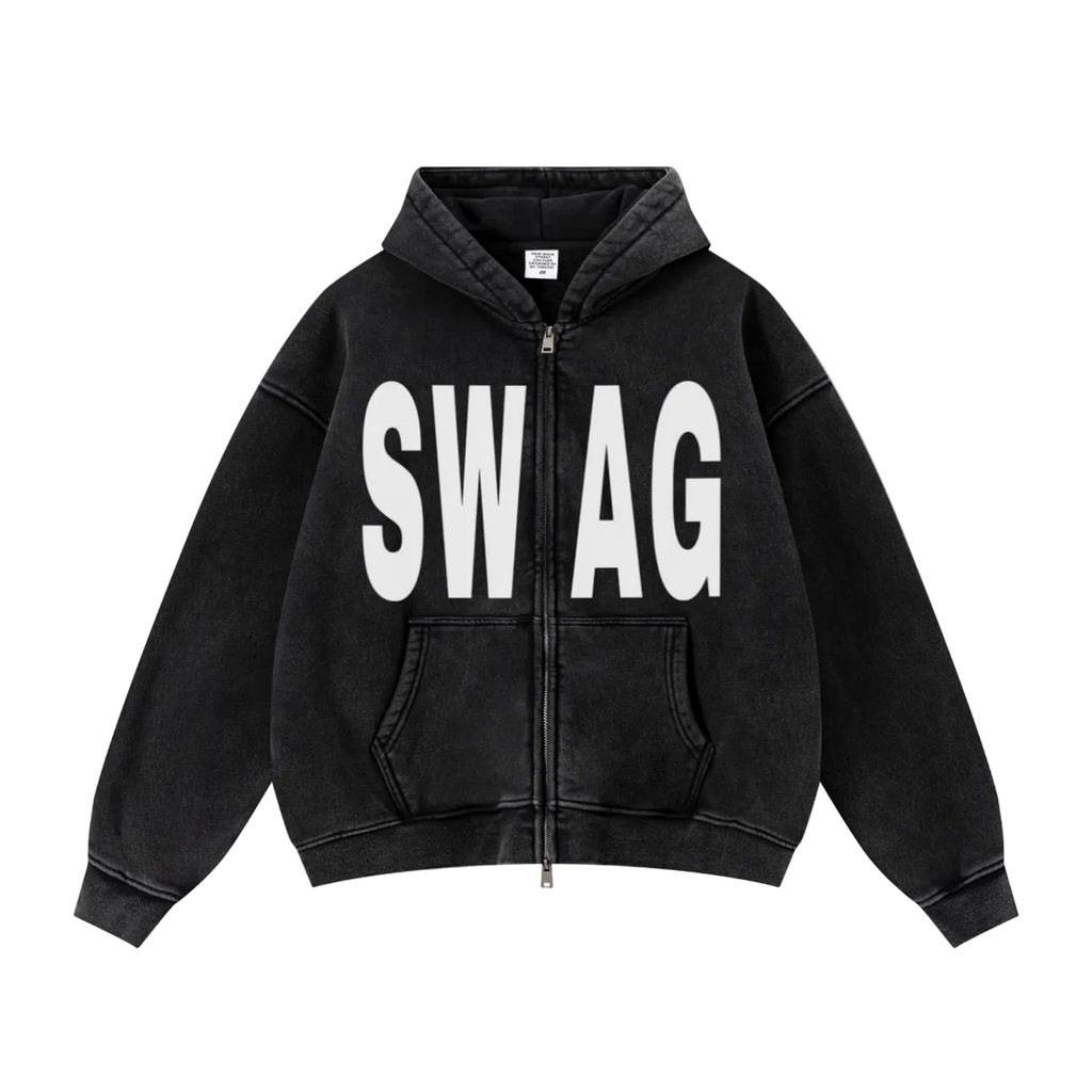 400GSM Unisex Vintage-Wash Boxy-Fit Zip-Up Hoodie Vintage Black