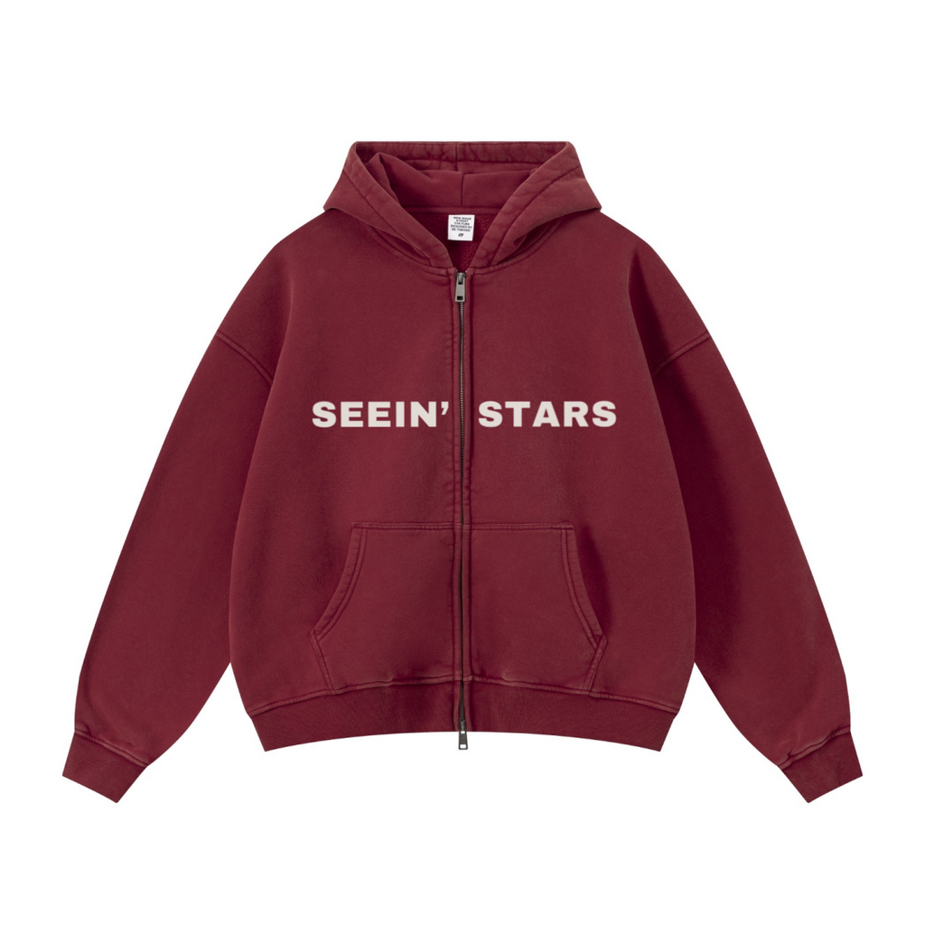 400GSM Unisex Vintage-Wash Boxy-Fit Zip-Up Hoodie Vintage Red