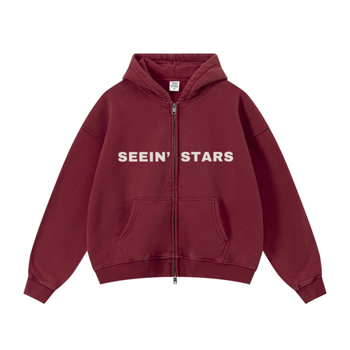 400GSM Unisex Vintage-Wash Boxy-Fit Zip-Up Hoodie Vintage Red